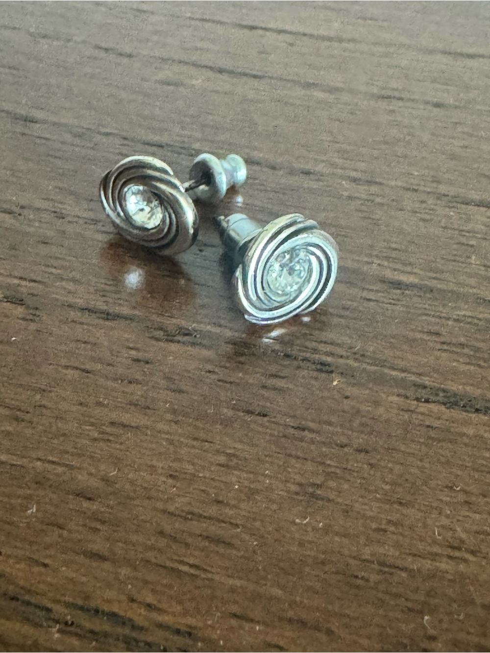 Sterling Swirl Stud Earrings with Clear Center Stone - Silver